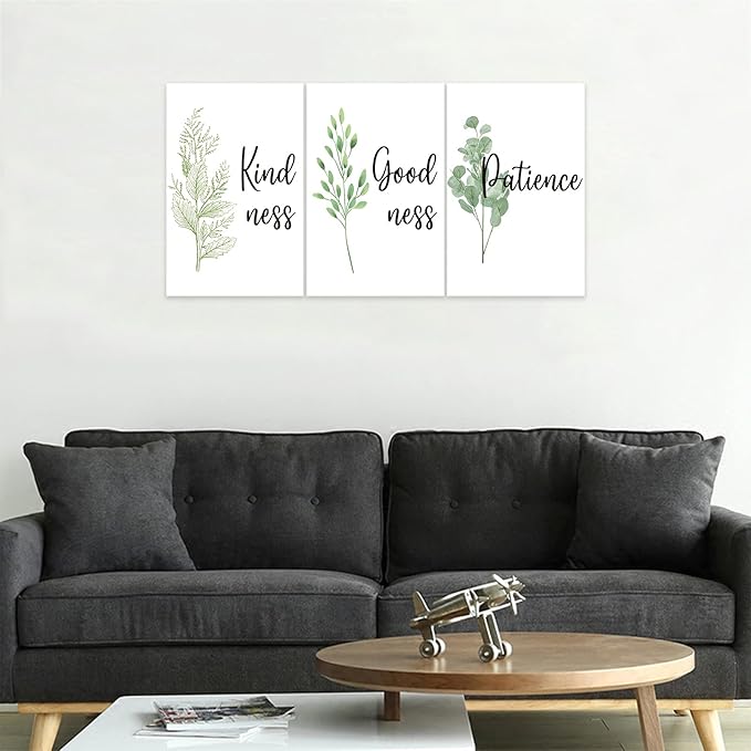3 Piece Inspirational Wall Art, White Plant Background Picture, Quote "Kind Good Patience" Canvas Print for Office Decor, Triptych Entrepreneur Painting Framed Artwork for Home Wall Decor (48"Wx24" H)