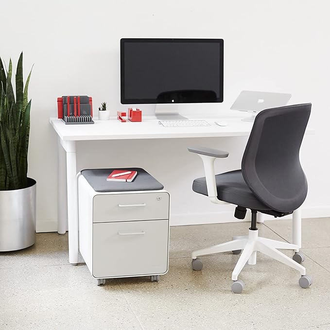 Poppin Mobile Mini Sittable Stow Rolling File Cabinet - White & Light Gray w Dark Gray Seat Cushion. Two Locking Drawers & One Key Lock. Two Keys Included. One Utility Drawer & One Hanging File Drawer
