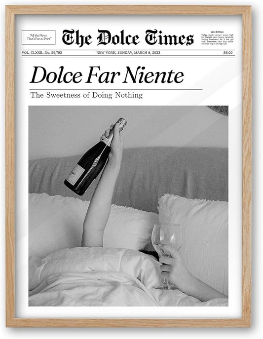 iHery Dolce Far Niente Framed Trendy NewsPaper Wall Art, Natural OAK Wood 12x16in Canvas Wall Art Bedroom,The Sweetness of Doing Nothing Print,La Dolce Vita Home Decor For Living Room Dorm 1Pack