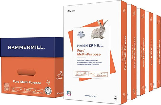Hammermill Fore Multi-Purpose 24lb Copy Paper, 11x17, 5 Ream Case, 2500 Sheets, Made in USA, Sustainably Sourced From American Family Tree Farms, 96 Bright, Acid Free, Economical Printer Paper,102848C