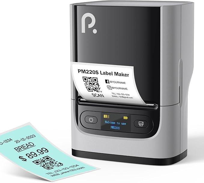 POLONO M220S Label Makers, Barcode Label Printer Bluetooth Portable Thermal Printer for Small Business, Address, Logo, Office, Mailing, Sticker Printer for Phones & PC, Light Grey, 85x65x113mm