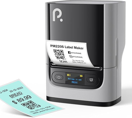 POLONO M220S Label Makers, Barcode Label Printer Bluetooth Portable Thermal Printer for Small Business, Address, Logo, Office, Mailing, Sticker Printer for Phones & PC, Light Grey, 85x65x113mm