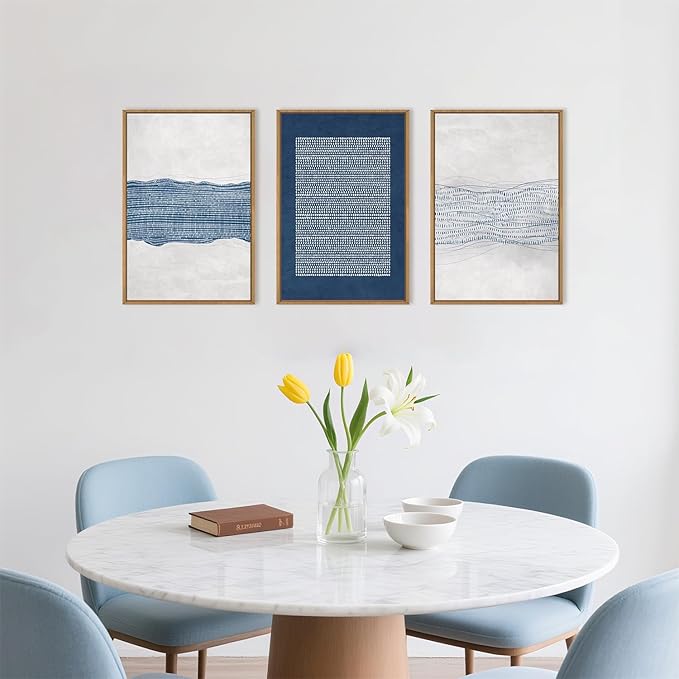Large Abstract Navy Blue and White Framed Canvas Wall Art Set,Modern Neutral Geometric Waves Lines Dots Wall Decor,Mid Century Minimalist Boho Artwork for Living Room,Bedroom,Office- 16"x24"x3