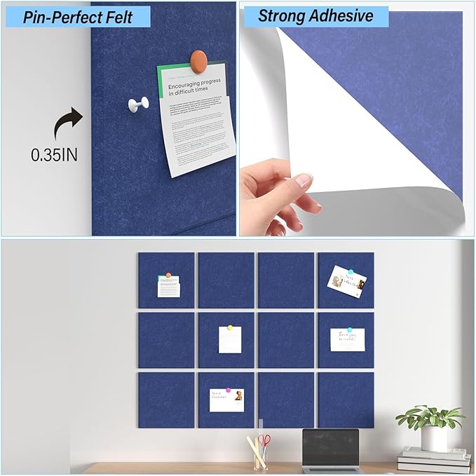 Large Cork Boards for Walls – 48" x 36" Self Adhesive Felt Wall Tiles, Ideal for Office Wall Organizing Bulletin Board, Easy to Install Cork Boards Felt Board
