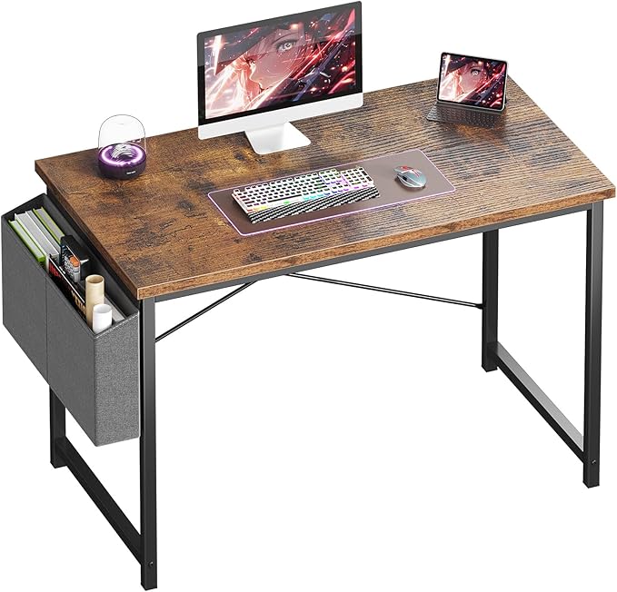 OLIXIS Computer Desk 44 Inch Home Office Desks for Small Spaces, Gaming Writing Study Work Table with Storage Bag for Bedroom, Rustic Brown