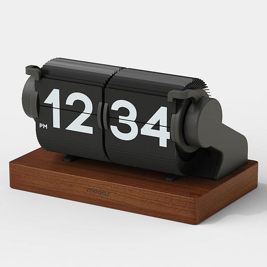 mooas Automatic Mini Flip Clock, Retro Vintage Automatic Flip Desk Clock, Timer Calendar Alarm, Snooze, Desk Clock Large Number USB-C Rechargeable, Ideal for Home Office School Hotel Café (Black)