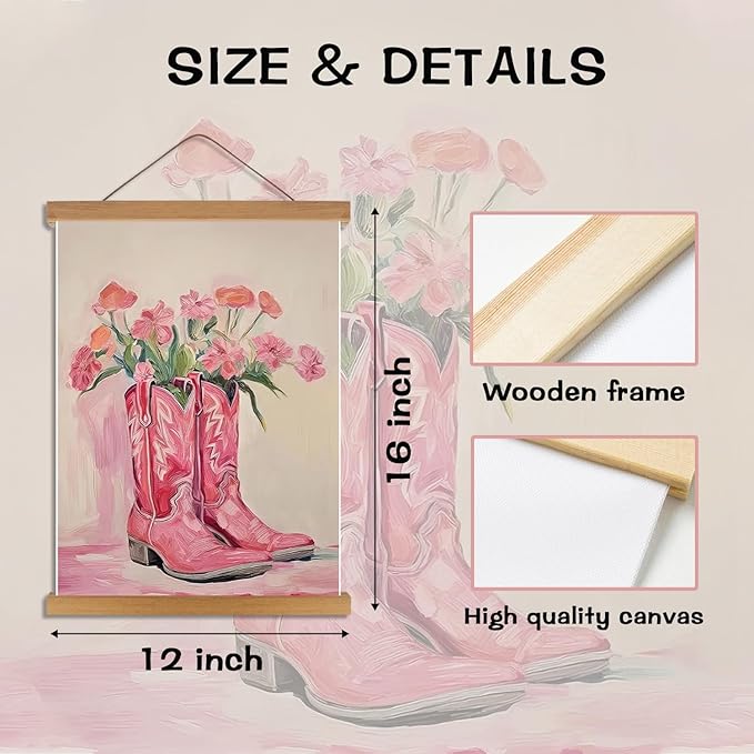 Pink Floral Cowboy Boots Wall Art, Vintage Cowboy Boots Canvas Wall Decor, Western Country Chic Home Decor, Western Aesthetic Prints Poster Trendy Preppy Girls Room Decor 12x16in Hanging Paintings