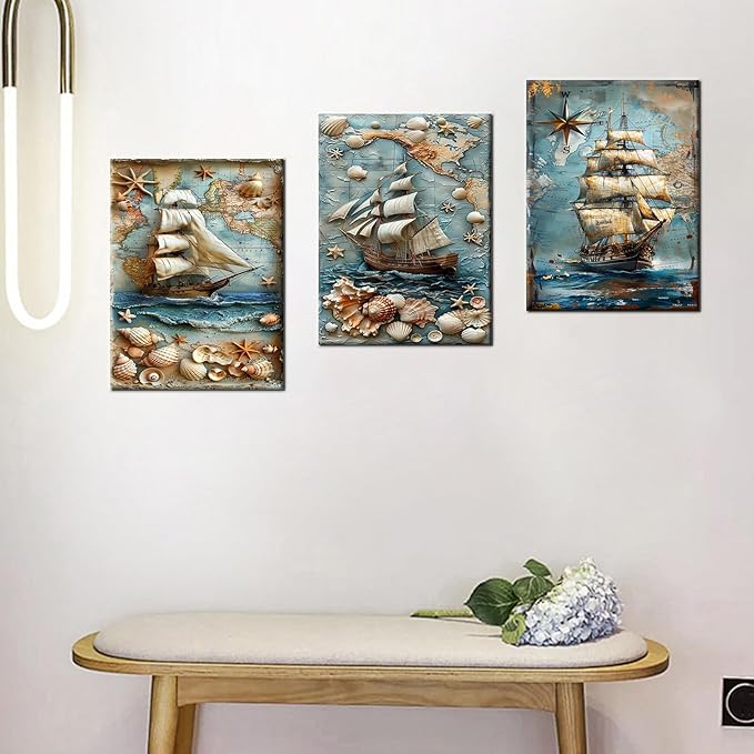 Abstract Sailboat Poster Canvas Wall Art Home Decor Vintage Ocean Creatures Seashell Starfish 3 Pieces Picture Print Artwork for Modern Home Bedroom Office Hotel Stretched and Framed [48''Wx24''H]