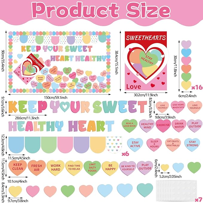 Valentine's Day Health Bulletin Board Set Health Habits Conversation Heart Classroom Decor Sweet Candy Heart Cutouts Pastel Bulletin Board Border for Holiday Party School Home Chalkboard Wall Decor