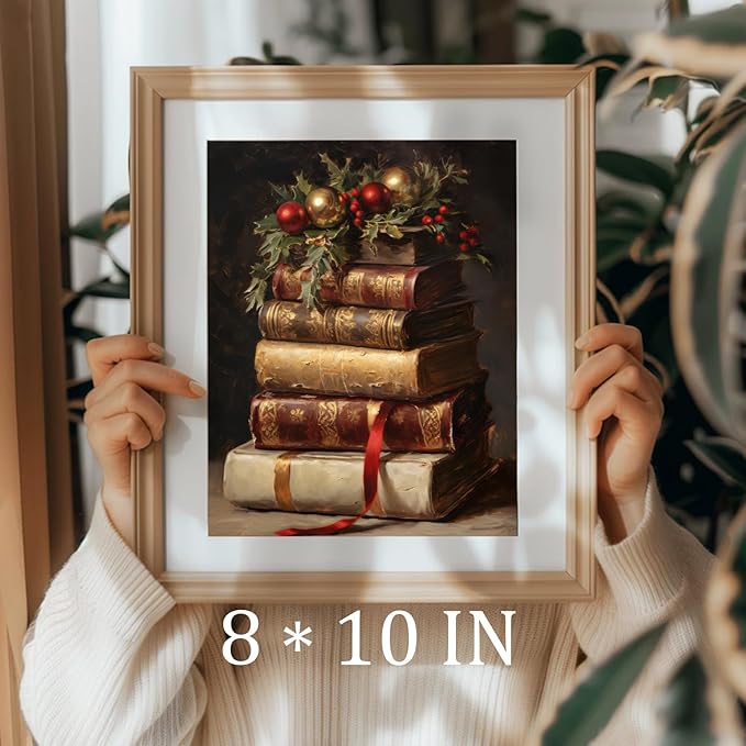 uniro Vintage Rustic Christmas Print Retro Xmas Book Art Oil Painting Dark Academia Decor Winter Farmhouse Holiday Wall Decor for Bedroom, Living Room, Gallery, winter Room Decor, Holiday Decoration Gifts( 8" x 10"-UNFRAMED)