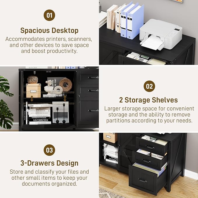 Farmhouse File Cabinet with Doors, Lateral Filing Cabinet with 3 Drawers for Letter/A4 Size Hanging Files, Large Wooden Storage Cabinet with Adjustable Shelves for Home Office, Black