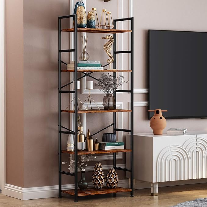 5-Tier Tall Bookcase, Rustic Wood and Metal Standing Bookshelf, Industrial Vintage Book Shelf Unit, Open Back Modern Office Bookcases
