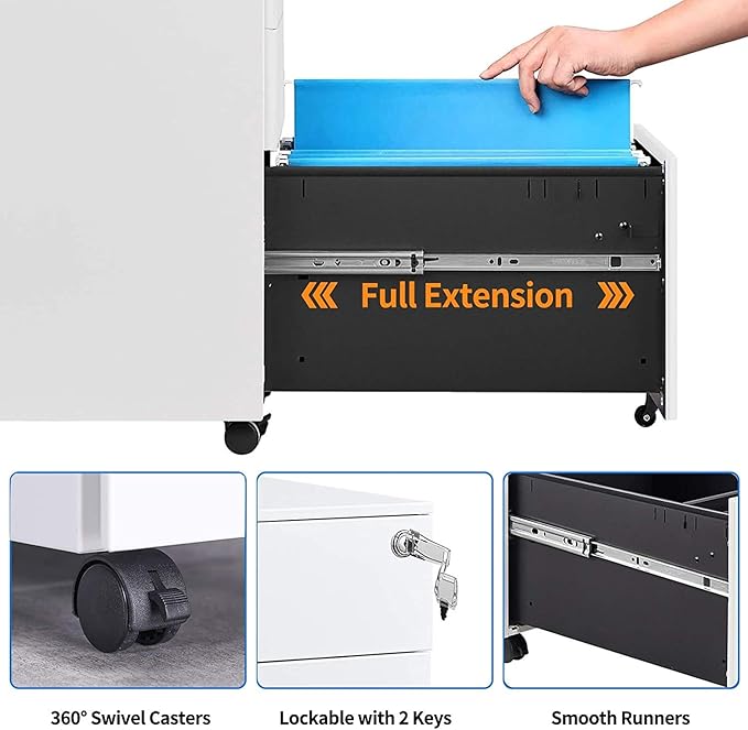 HOVNEE 3 Drawer File Cabinet, Commercial Grade Mobile Filing Cabinet with Lock for A4 Letter Legal Size