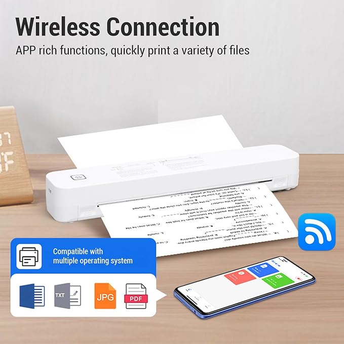 Portable Thermal Printer Wireless Inkless High Resolution 203dpi Compact Printer for Home Office Travel ABS 30.5 x 5.5 x 4.04cm