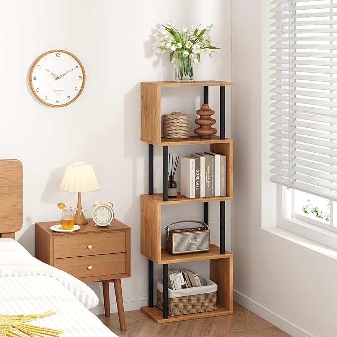 IBUYKE 5-Tier Tall Bookshelf,S-Shaped Geometric Bookcase, Wood Display Shelves with Storage,Modern Bookshelf for Living Room Bedroom, Home Office,Oak WBC015K