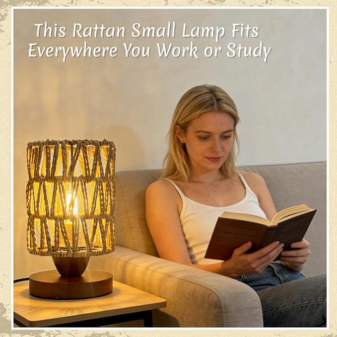 Boho Rattan Table Lamp, Bedroom Bedside Small Lamps with Warm White LED Bulb, Vintage Wooden Nightstand Nightlight, Rustic Handmade Woven End Desk Lamps for Bedroom Living Room Study Kids Room
