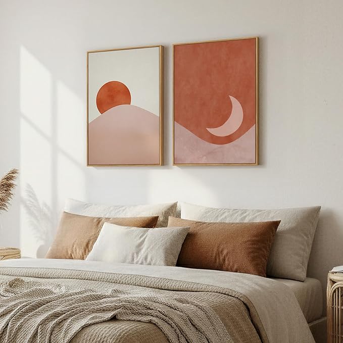 Framed Boho Sun and Moon Wall Art Set of 2 for Living Room, Terracotta Blush Mid Century Modern Canvas Artwork for Walls, Bohemian Abstract Minimalist Wall Decor for Bedroom Home Office, 16x24 Inch