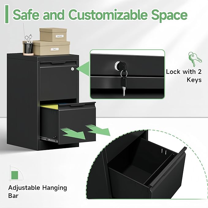 2 Drawer File Cabinet with Lock,Filing Cabinets for Home Office,Metal Small File Cabinet for Letters/Legal/A4 Size, Assembly Required,Black