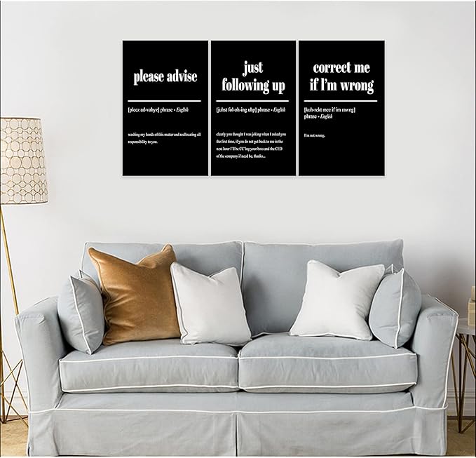 3 Piece Inspirational Canvas Wall Art, Quotes "Please Advise - Just Following up - Correct me if I'm Wrong" Motivational Print Pictures Office Decor, Framed Artwork for Home Wall Decor (48"Wx24" H)