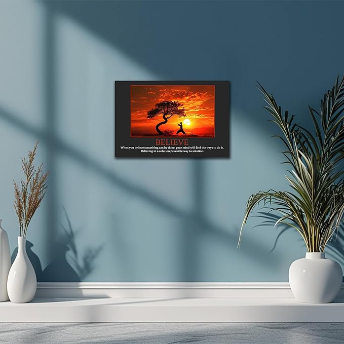 UZMKM - Office Wall Art, Motivational & Inspirational Quotes Canvas Wall Art for Home Office Wall Decor, Positive Quote Wall Decor, BELIEVE Words Poster Frame for Company Wall Decor 12x18 Inch