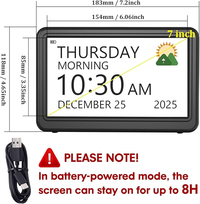 Clock with Day and Date for Elderly Battery Operated, Digital Calendar Clock with 12 Display Modes, 20 Alarms and Medicine Reminders, Dementia Clocks for Seniors, Black (With Rechargeable Battery)