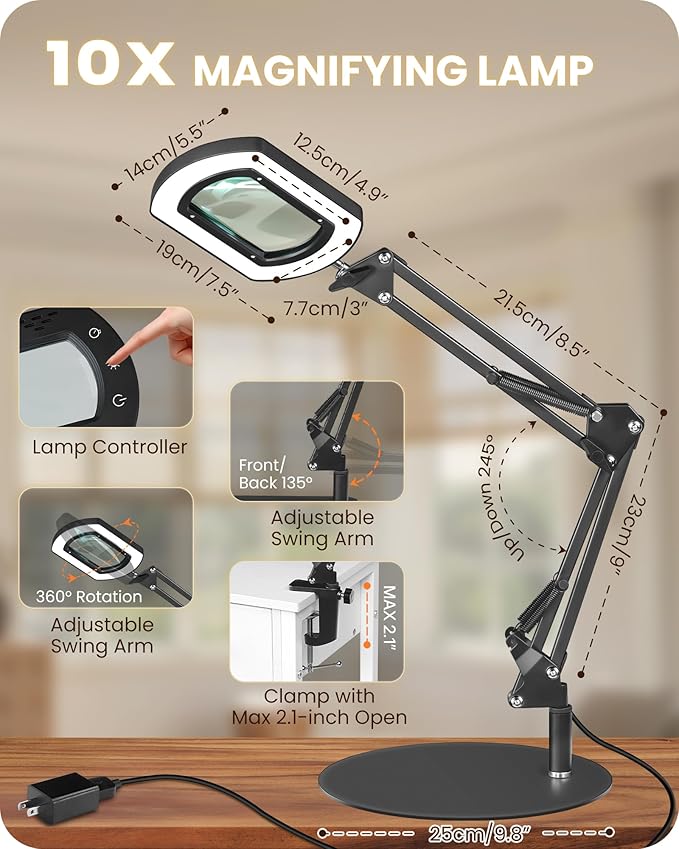 10X Round Magnifying Glass with Light and Stand, 2-in-1 LED Lighted Desk Lamp & Clamp, 5 Color Modes Stepless Dimmable, Hands-Free Magnifier Desk Lamp for Reading Craft Close Work B03DL05