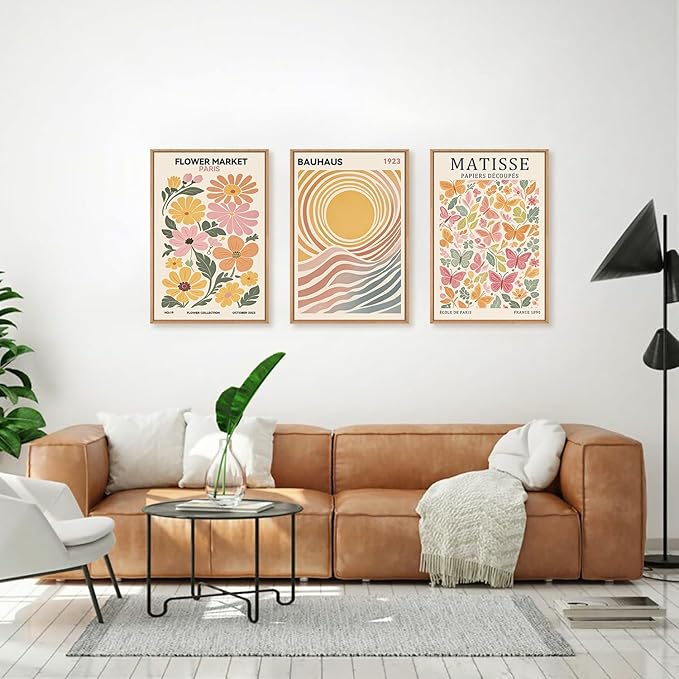 Boho Flower Market Framed Canvas Wall Art Set, Matisse Floral Wall Decor, Abstract Botanical Wall Painting, Nature Floral Illustration Art Prints for Living Room, Bedroom, Office 24"X36"X3