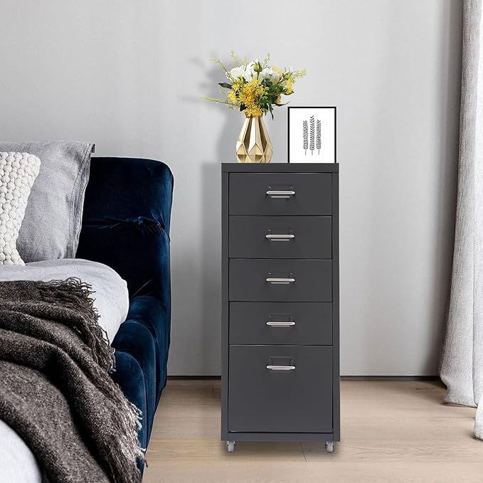 Metal File Storage Cabinet, 5 Drawer Vertical Filing Cabinets with Wheels Under Desk Storage Drawers, 11 * 16.1 * 27.1in Mobile File Cabinets Under Desk Cabinet for Bedroom, Office (Grey)