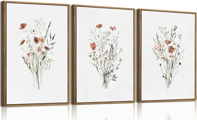 KISSFOX Framed Wildflower Wall Art Vintage Floral Canvas Wall Art Flower Pictures Wall Decor Watercolor Daisy Botanical Paintings Set of 3 for Bedroom Bathroom Living Room