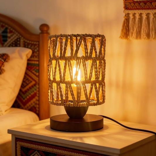 Boho Rattan Table Lamp, Bedroom Bedside Small Lamps with Warm White LED Bulb, Vintage Wooden Nightstand Nightlight, Rustic Handmade Woven End Desk Lamps for Bedroom Living Room Study Kids Room