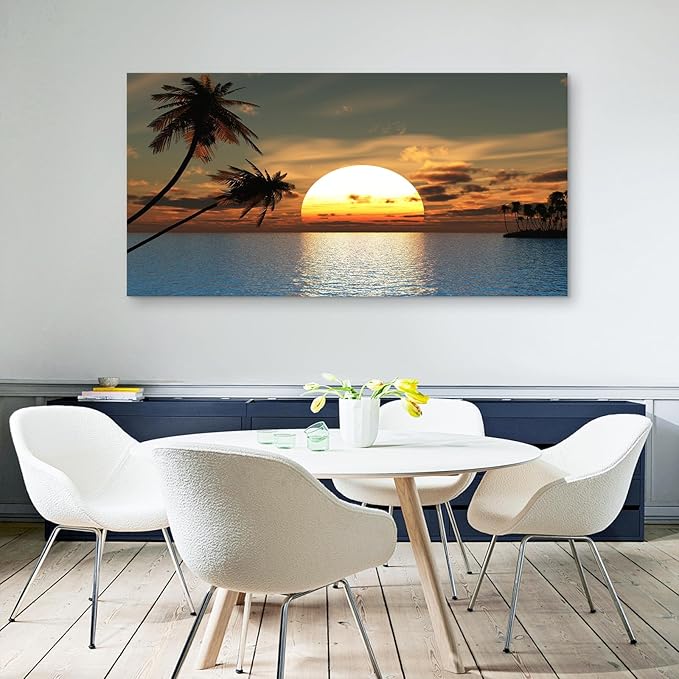 DZL Art S75698 Sunset Coconut Palm Trees Canvas Wall Art Palm Trees on the small island Tropical Scenery Nature Canvas prints Pictures for Living Room Home Office Wall Decor Artwork