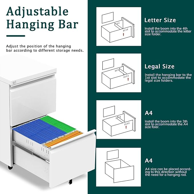 2 Drawer Mobile File Cabinet with Lock and Wheel, Anti-tilt Design Metal Vertical Filing Cabinet, Rolling Desk Filing Cabinet fits Letter/Legal Size for Home Office (White)