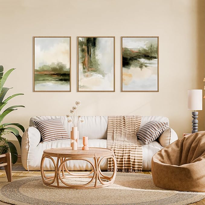KAIRNE Green Abstract Neutral Framed Canvas Wall Art Set, Modern Watercolor Shapes Wall Decor, Minimalist Pastel Wall Painting, Brown, Gray Tan for Living Room, Bedroom, Office 24x36 Inch