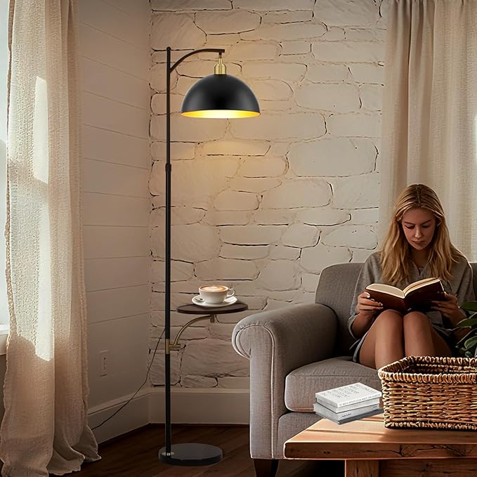 AoMck Floor Lamp with Shelves, Floor Standing Lamps with Table Attached, Tall Lamp Table Combo, Height Adjustable and Dimmable Corner Rustic Lamps with Tray for Bedroom Living Room Office (Gold)