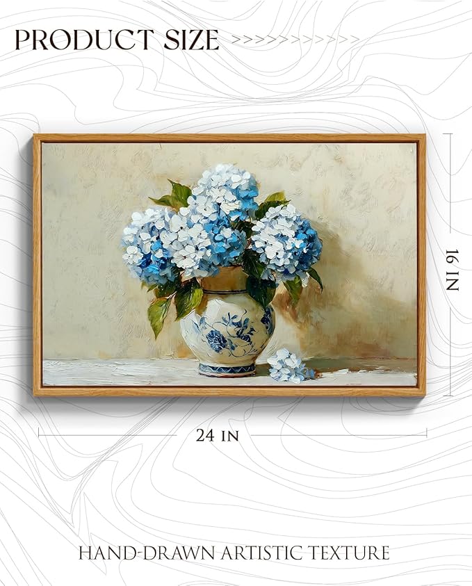 InSimSea Framed Canvas Art Hand-Painted Vintage Blue Hydrangea Art,16x24inch, Textured Floral Paintings Artwork Wall Decor for Living Dining Room Hallway, Classical Still Life Farmhouse Picture