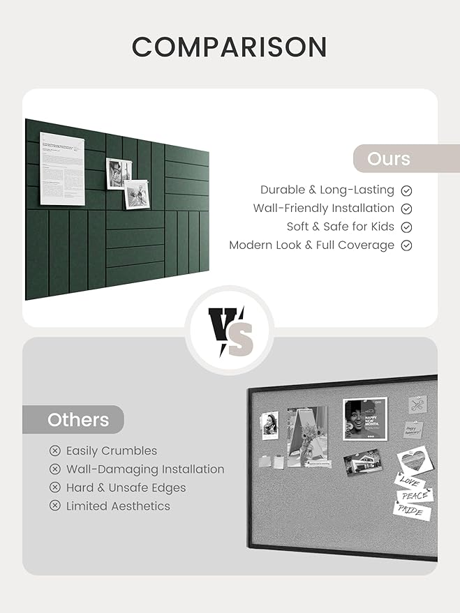 Bumusty Large Cork Board Alternative-36 x 24" Felt Bulletin Board Tiles, with 30 Pushpins, 40 Adhesive Tabs, 6-Pack Slat Wall Paneling, Cork Boards for Office Push Pin Board Felt Board-Pine Green