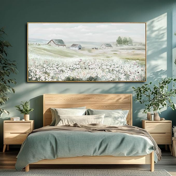 Modern Farmhouse Wall Art White Floral Wall Decor Green Print Pictures Framed Arts Extra Large Artwork 36"x70"