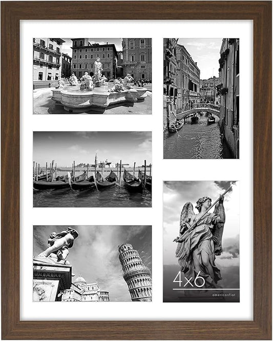 Americanflat 4x6 Collage Picture Frame with Shatter-Resistant Glass - Fits Five 4x6 Photos or Use as One 11x14 Picture Frame - Signature Collection - Collage Frames for Wall Display - Walnut