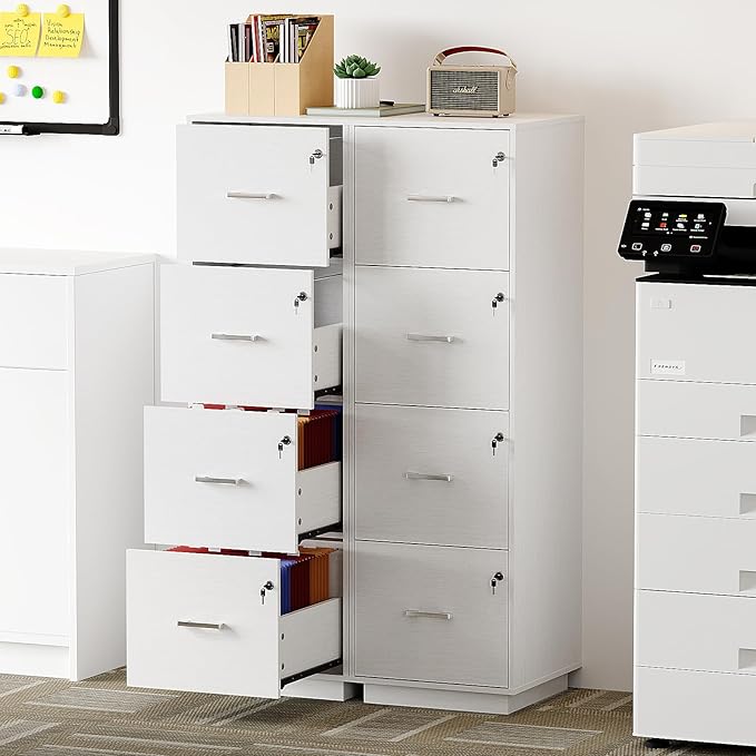 VINGLI 4 Drawer File Cabinet with Lock, Home Office Filing Organizer, for Letter Size File Folder Storage, Wood Tall Vertical Filing Cabinet, Printer Stand, Archivador (White)