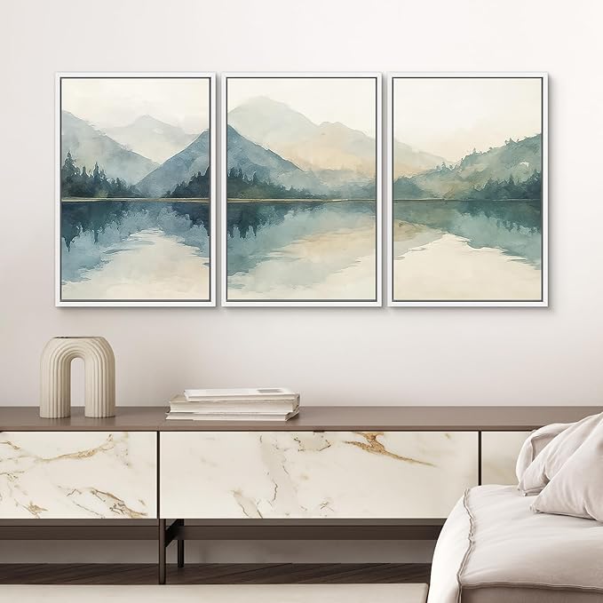 SIGNWIN Framed Canvas Print Wall Art Set Calm Lake Reflection Watercolor Mountain and Water Illustrations Modern Art Decorative Abstract for Living Room, Bedroom, Office - 16"x24"x3 White
