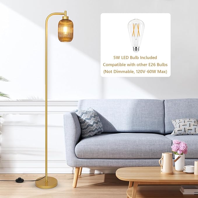 Glass Floor Lamps for Living Room, Vintage Gold Standing Lamp with LED Bulb, Amber Stripe Glass Shade, Foot Switch, Mid Century Modern Brass Tall Corner Lamp for Bedroom Office Reading Room
