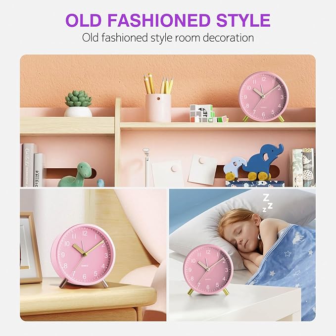 Analog Alarm Clock for Girls, Super Silent Non Tick with Night Light, Battery Operated,Bedroom Clock for Mom,Fashionable Round Metal Alarm Clock for Office, Elderly,Adults,Children School Gift