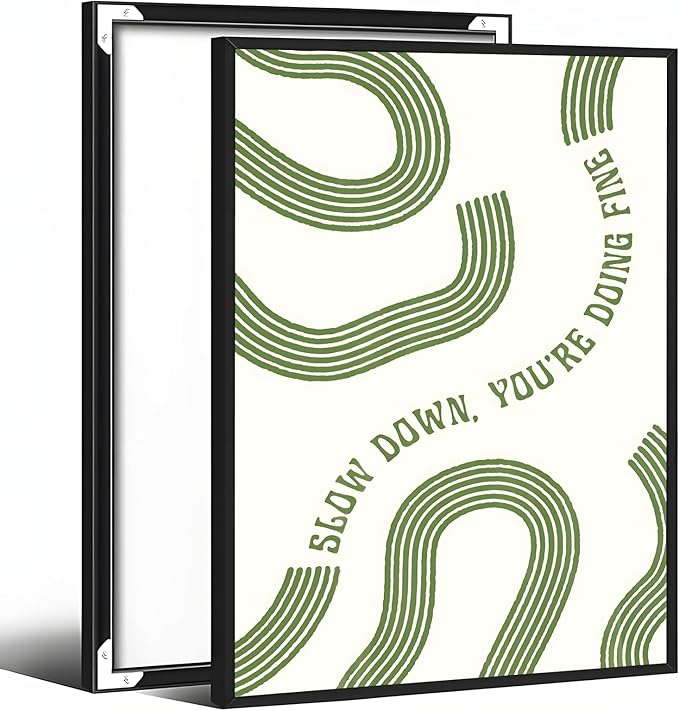 Slow Down You’re Doing Fine Wall Art Retro Minimalist Motivational Quote Music Poster Inspirational Midcentury Song Lyrics Sage Green Canvas Prints for Bedroom Home Decor 12x16inch Aluminum Framed