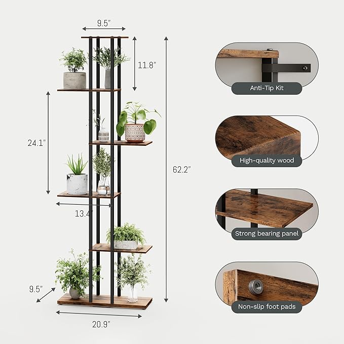 6 Tier Corner Bookshelf，Slim Open Bookshelf，Small Book Shelf for Small Spaces，Living Room, Home Office, 9.45 x 20.8 x 62.2 Inches,（1PC+Rustic Borwn