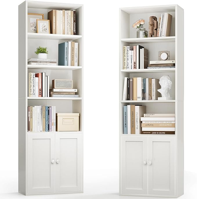 Casaottima Bookshelf and Bookcase with Doors, Floor Standing 6-Tier Shelf Display Storage Shelves, Tall Bookcases for Home Office, Living Room, White 2 Pack