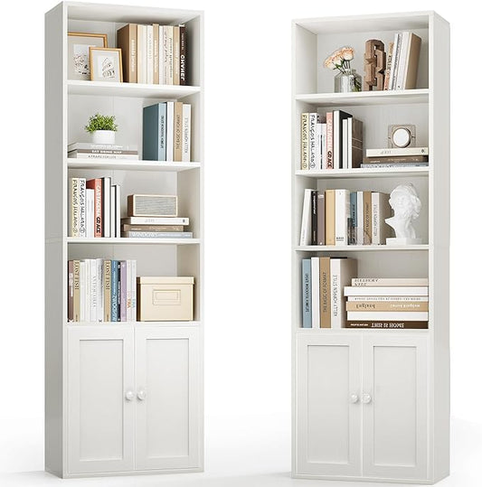 Casaottima Bookshelf and Bookcase with Doors, Floor Standing 6-Tier Shelf Display Storage Shelves, Tall Bookcases for Home Office, Living Room, White 2 Pack