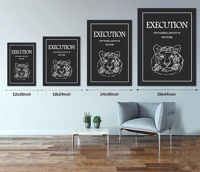 Inspirational Execution Wall Art - Tiger Head with Motivational Quote Canvas Print, Black and White Office Wall Decor, STOP TALKING AND PUT IN THE WORK Poster for Home Workspace, Framed 12"x16"