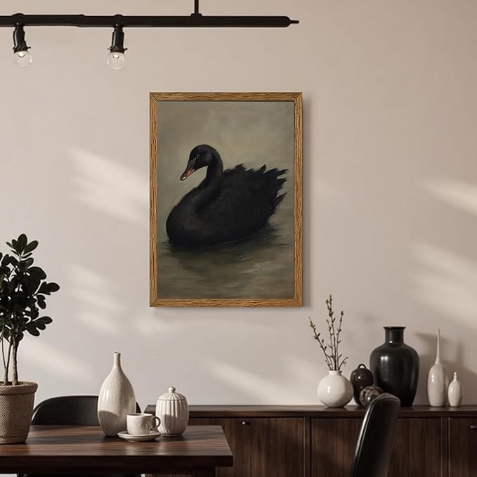 AVECCO Framed Vintage Gothic Black Swan Canvas Wall Art, Rustic Farmhouse Wall Decor, Unique Animal Art Prints for Kid's Room Bathroom Bedroom Living Room Office Home Decoration Ready to Hang 16x24 In