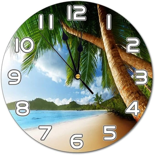 Summer Beach with Palm Tree Wall Clock Battery Operated Silent Round Clock Tropical Theme Wall Decor for Home Office School, 12 Inch