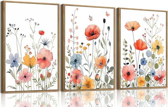 KISSFOX Colorful Wildflower Canvas Wall Art Set Of 3 Flowers Pictures Prints Flowers Printing Floral Watercolors Flower wall Decor Living Room Girls Bedroom Bathroom (White, 12"x16" Natural Framed, Framed)
